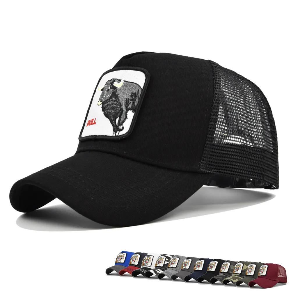 
Wholesale 3D Animals Embroidered Mesh Visor Hats Adjustable Snapback Trucker Hats Bull Pattern Baseball Caps 