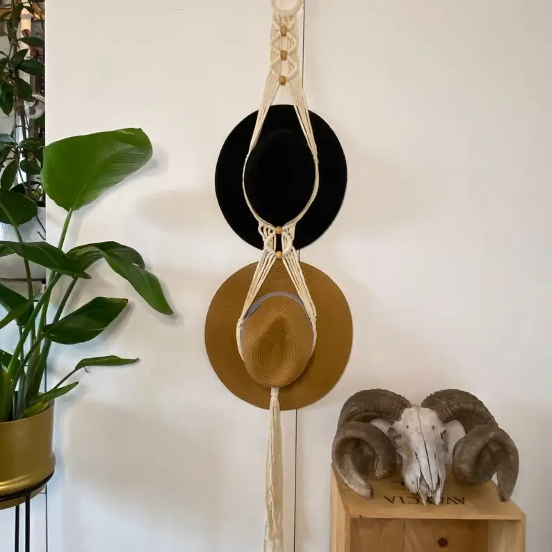 Boho Natural Handmade Gift Farmhouse Cotton Double Hanging Organizer Macrame Hat Holder Hanger