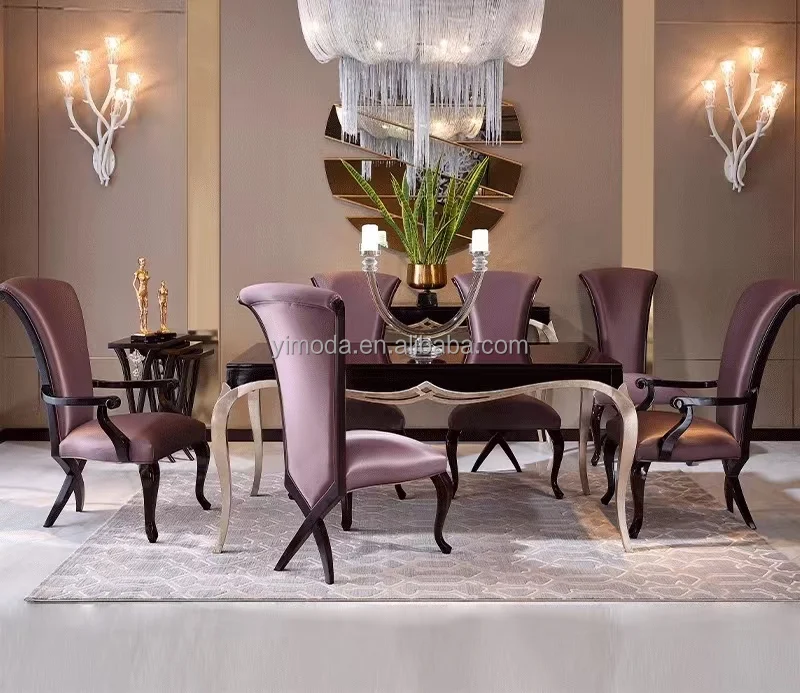 European Antique 8 Seat highback dining chairs Wooden Rotating Rectangle Dining Room Table And Chair Dining Sets