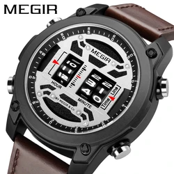 MEGIR 2142 Drum Roller Watch for Men Fashion Quartz Wristwatch Leather Strap Sports Men Designer Wristwatch relogio masculino