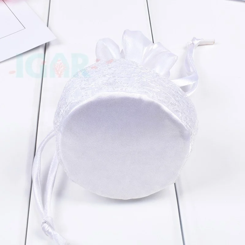 Festival white lace round bottom drawstring bags  Silk Brocade Jewelry Pouch Bag, Drawstring Coin Purse, Gift Bags