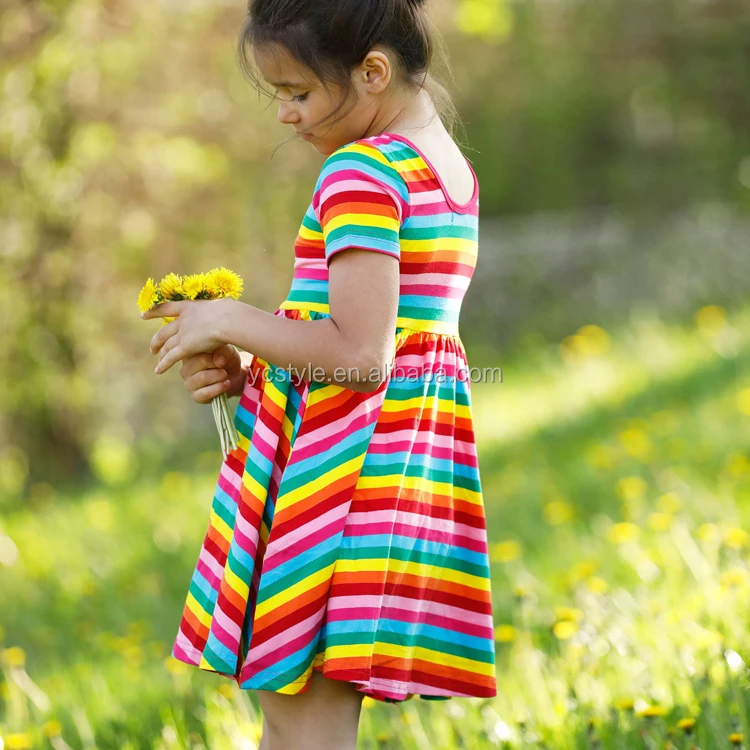 Cheap Prices Boho Design Rainbow Print Baby Girls 100 Cotton Dresses