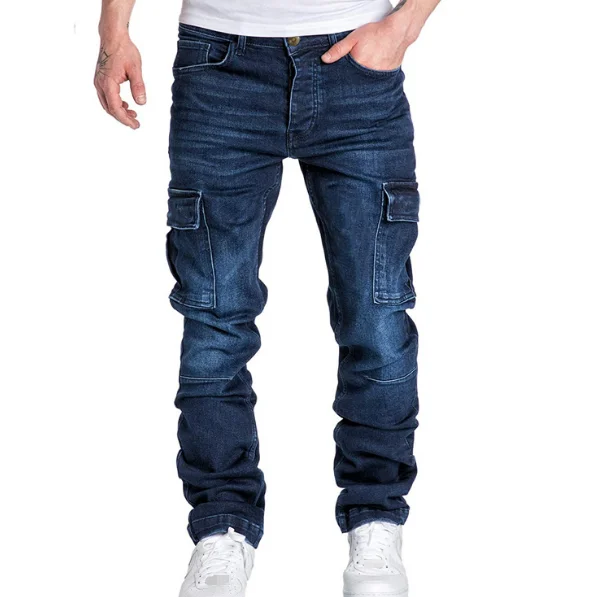 Street Wear Fashion Pocket Plain Straight Leg Cargo Jeans Men Fit Casual Work Denim Pants