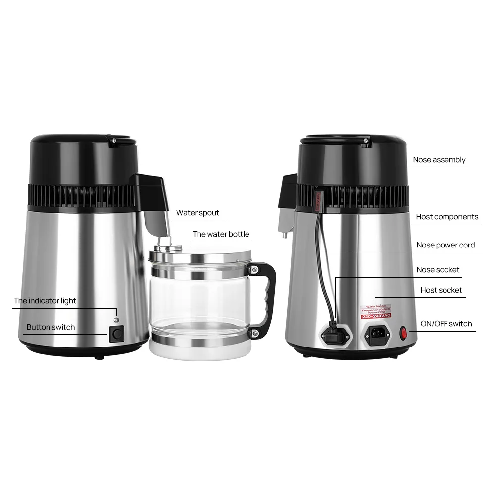 Azdent 750W 4L Water Distiller Purifier water Glass Jug Stainless Steel Home Distilled Water Making Machine