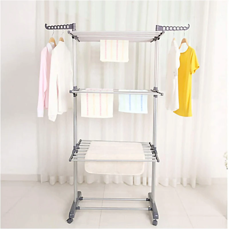 Clothes rack, 3-layer foldable drying rack, adjustable large stainless steel clothes washing rack, with foldable wings, silver