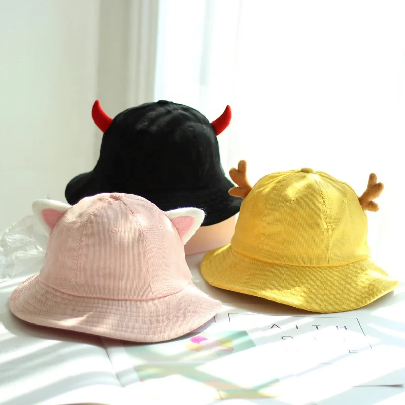 Cute Fashion Children Kids Yellow Corduroy Bucket Hat With Horns Dome