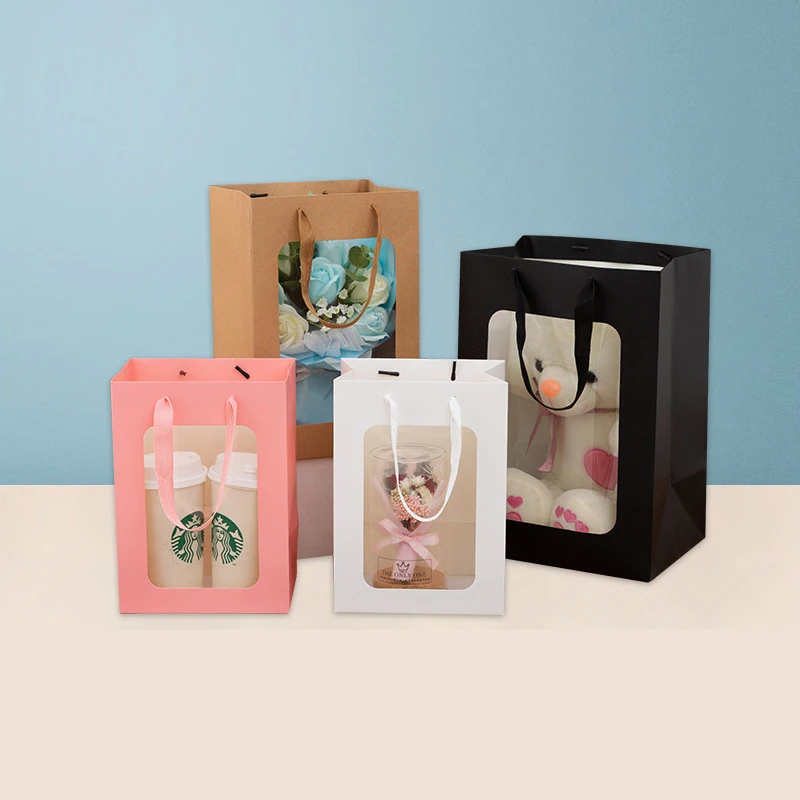 Custom Logo Eco-friendly Affordable Paper Bag Gift Packaging Bag with Lucency PVC Window Cardboard Offset Printing Drawstring