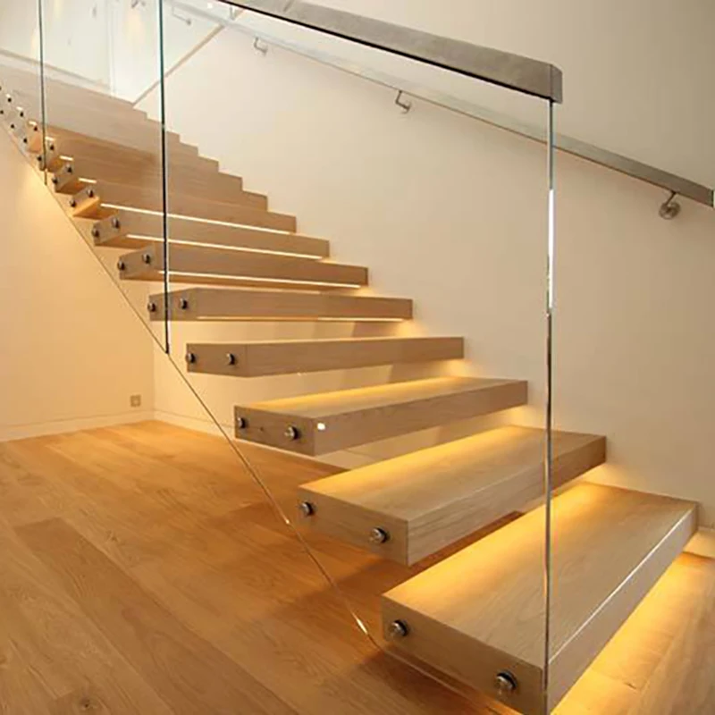 Indoor Staircase Designs Led Light Wood Tread Glass Railing for Staircase Modern Floating Stair
