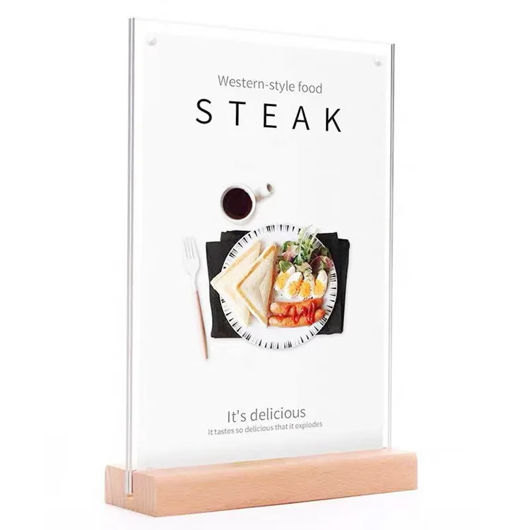Best Price T Shape L Shape Magnetic A4 A5 A6 Wood Acrylic Vertical Paper Sign Holder Display Stand With Wooden Base