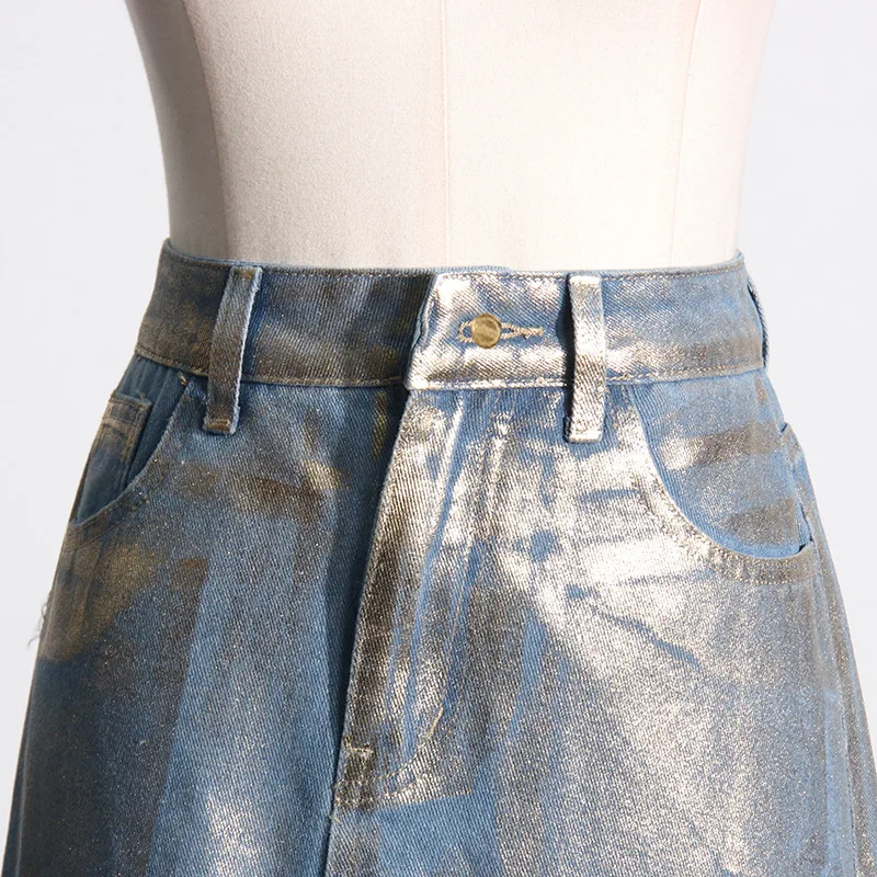 High street casual gold stamping denim skirt long jeans skirts for women
