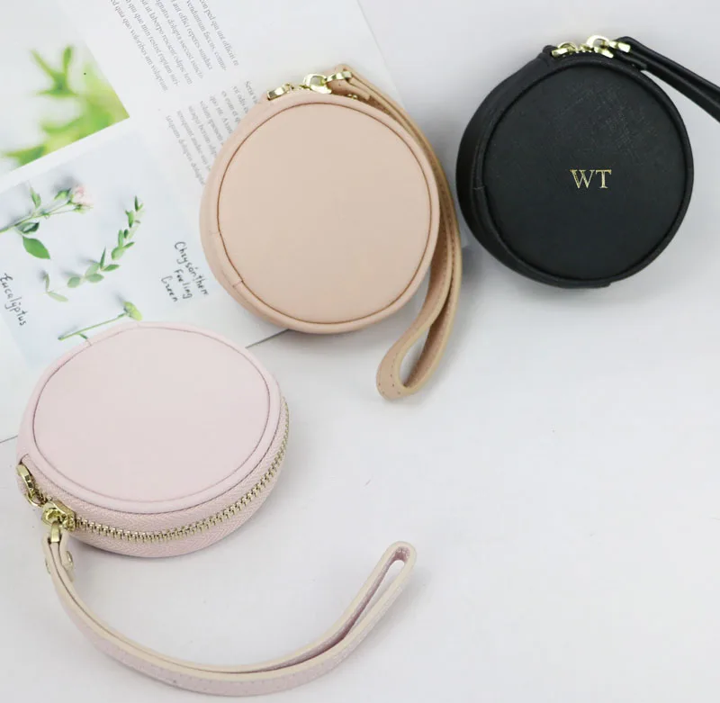 Designer Zipper Durable Genuine Keychain Small Round Coin Purse Bag Saffiano Leather