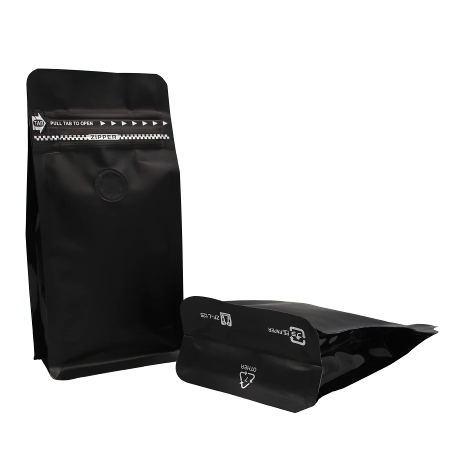 Custom Printed Matt Black Aluminum Foil 125g 250g 340g 500g 1kg 12 oz Plastic Flat Bottom Coffee Packaging Bag With Air Valve
