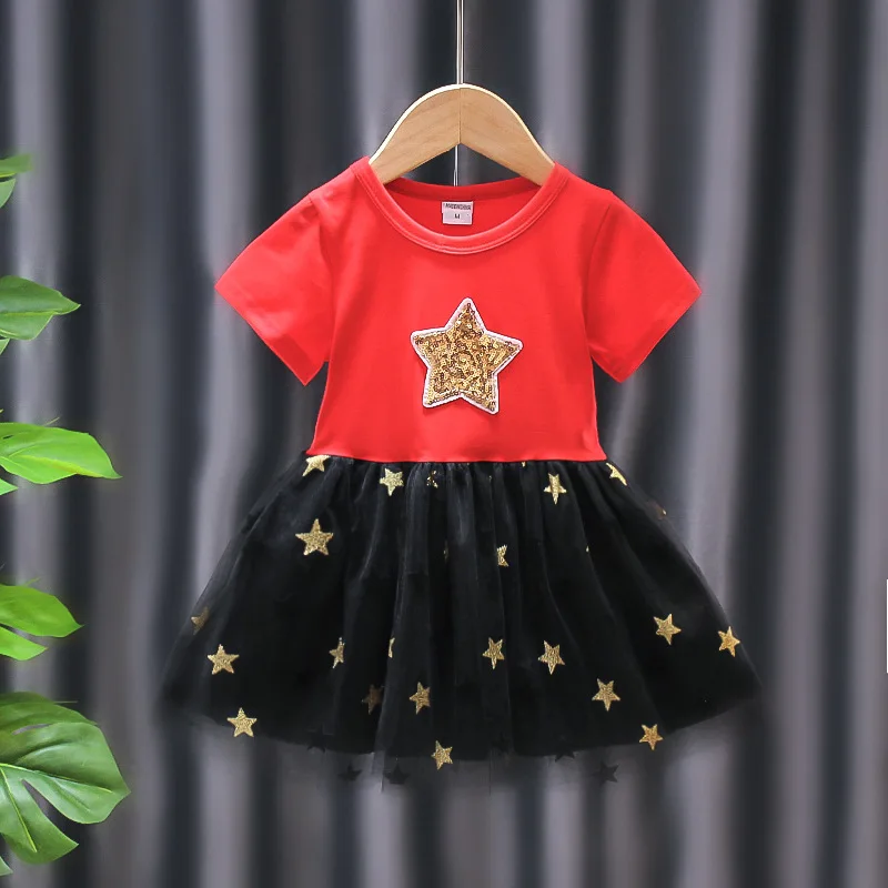 Summer Short Sleeve Star Sequined Baby Girls Frock Princess Party Dresses for Kids Girls