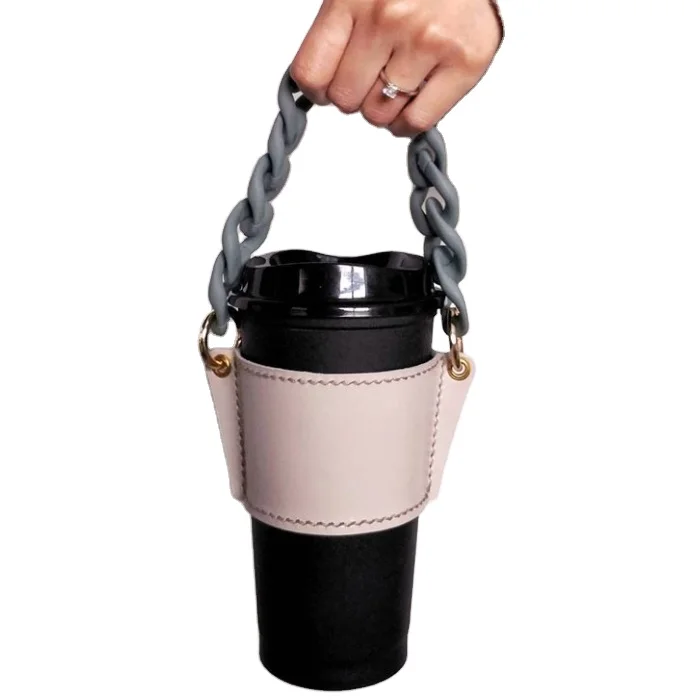 Reusable Coffee Cup Holder Leather Handle Cup Cover with Colorful Chain Portable Cup Sleeve with Amber Chain