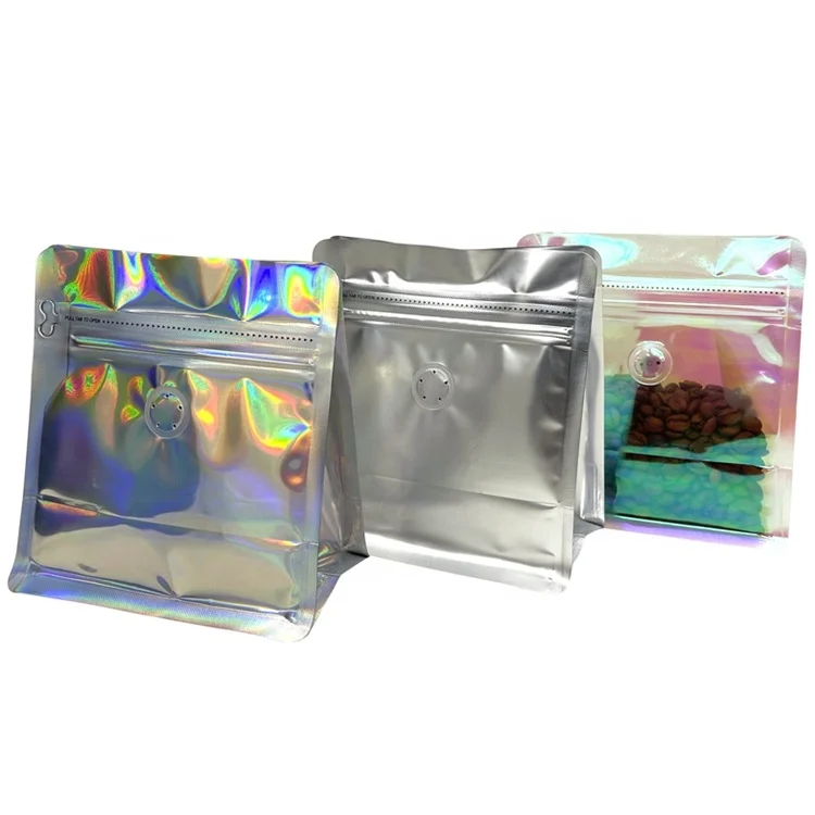 Custom printed Holographic empty flat bottom coffee bags with valve and zipper for coffee bean/tea packaging