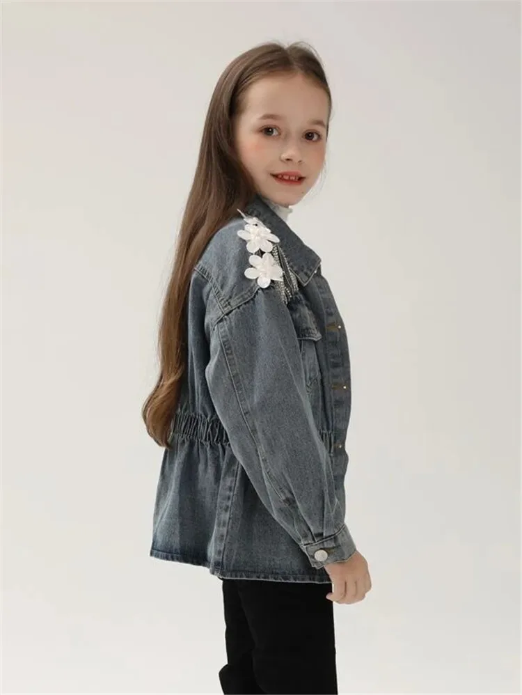2022 Customized Girls Jackets Fashion Applique Rhinestone Tassel Trim Drop Shoulder Denim Jacket Girls Casual Jackets