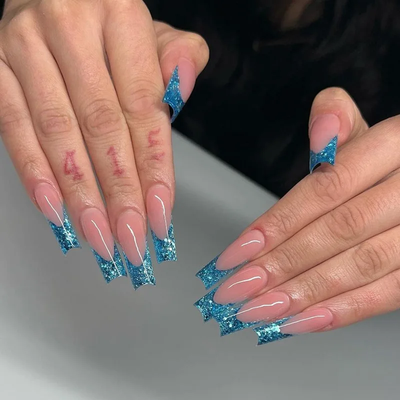 Artificial Fingernails Faux Ongles Fale Nails Press Private Label Luxury French Long Coffin Nude Blue Glitter Press On Nails