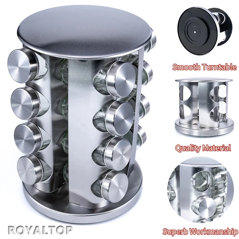 hot sale color box blister rotating spice rack 12 jars glass spice jar bottle organizer set with stainless steel carousel stand