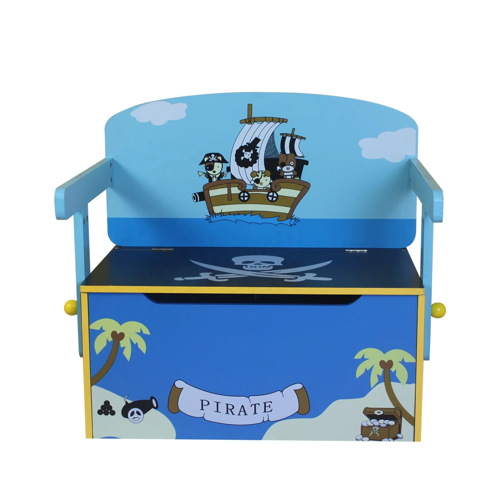 Kids Furniture Wooden Chest Pirate 3 in 1 Kids Toy Storage Bench with Safety Hinged Lid for Bedroom Children Playrooms