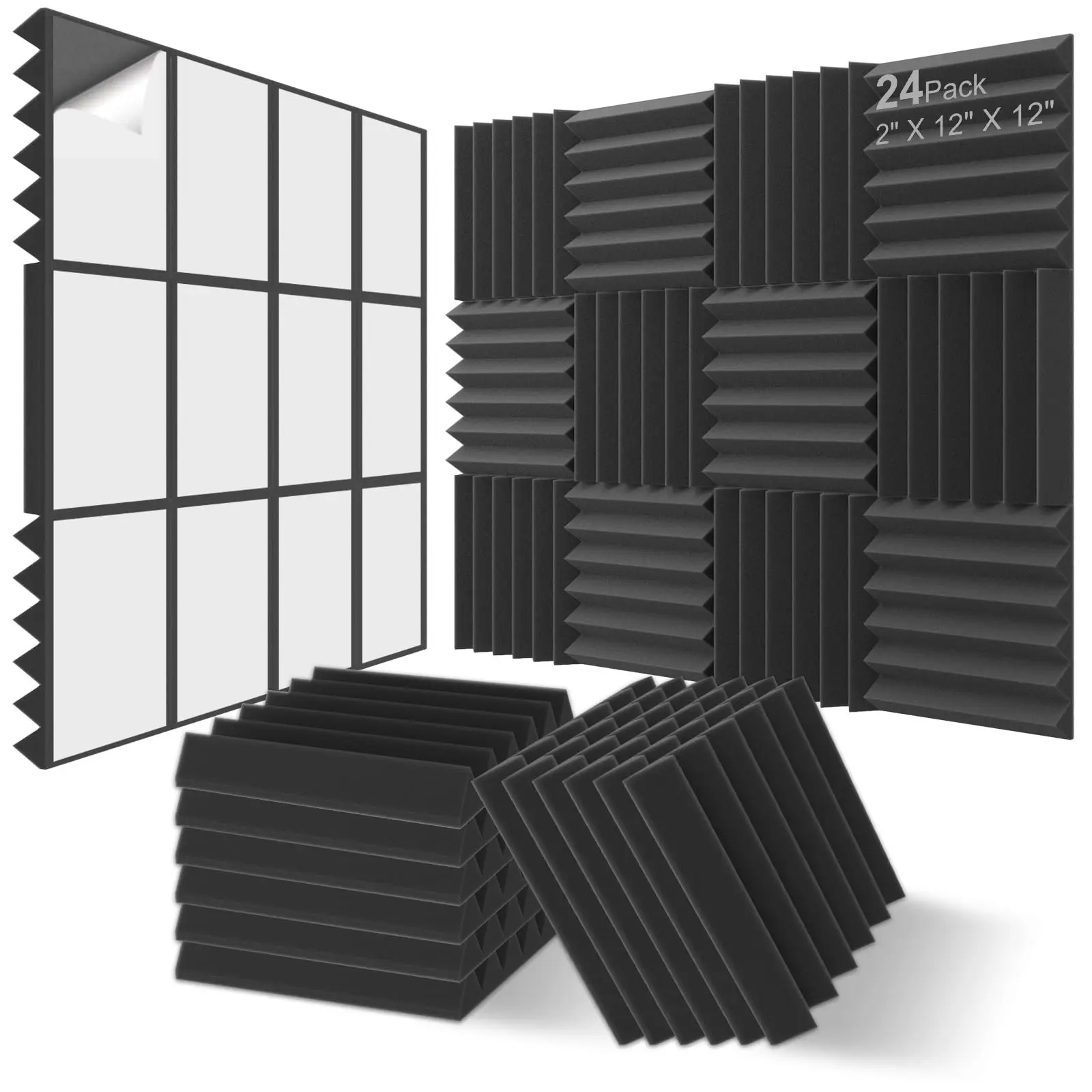 TUBO 24Pack Sound Proof Foam Panels Self-Adhesive Black Acoustic Wall Panels for Home Office Studios