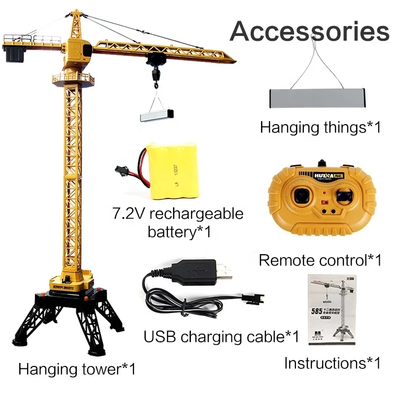 Huina 1585 1/14 Remote Control Tower Crane 12-Channels 2.4Ghz Rc Alloy Body Simulation Engineering Construction Truck Toy