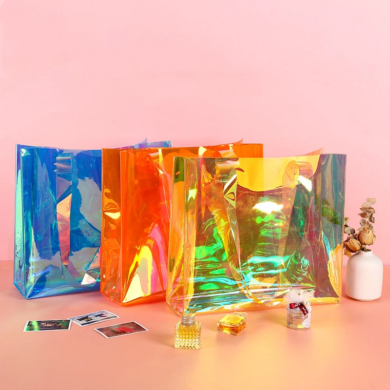 Custom Logo Holographic Laser Iridescent Square PU leather handle PVC Gift Shopping Tote Bag