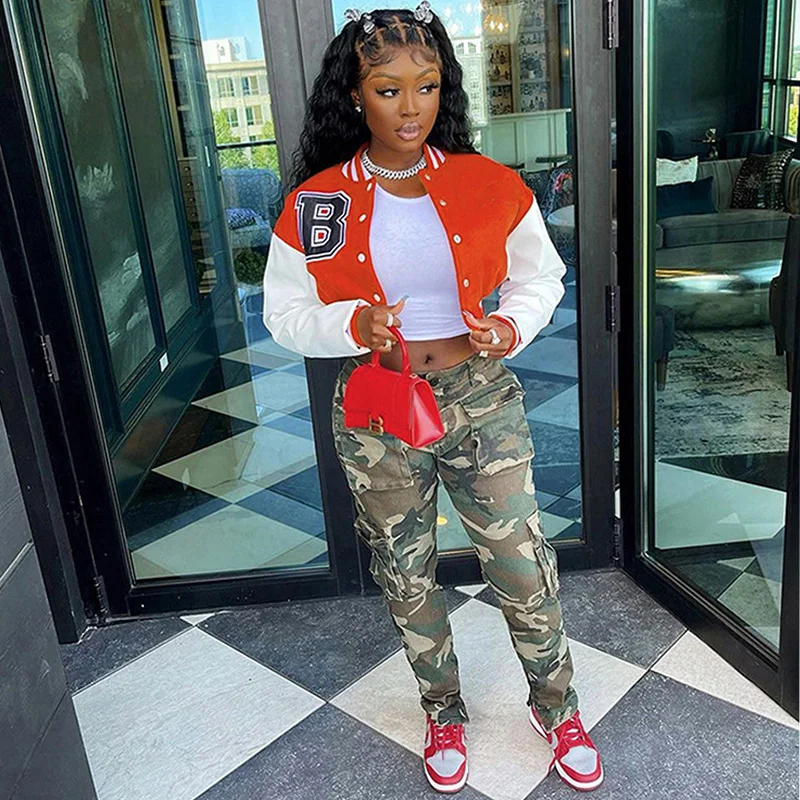 Autumn Fashion Elegant Sportswear Colorblock Single Breasted Aviator Ladies Letterman Baseball Jacket