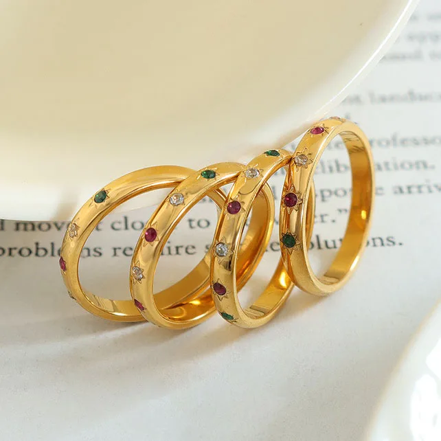 Wholesale Colorful Multi Color Zircon Star Pattern Stainless Steel 18K Gold Plated Ring Fashion Fine Finger Rings Women Jewelry