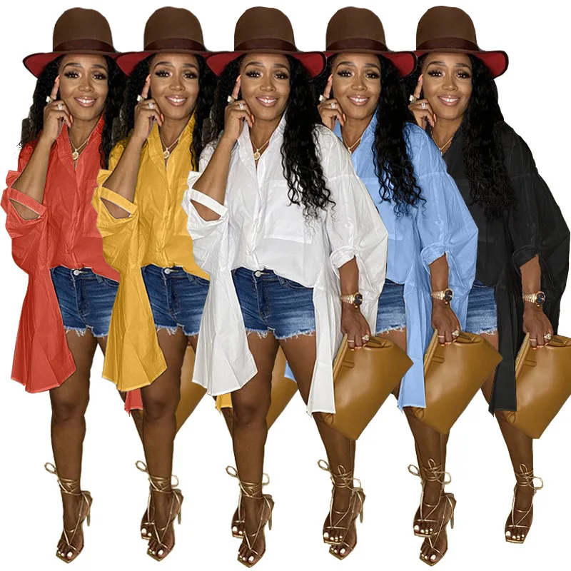 E-H8941 Wholesale 2021 Fall Women Clothing Ladies Blouses Irregular Long Sleeve Shirts Wide Swing Design Casual Shirt