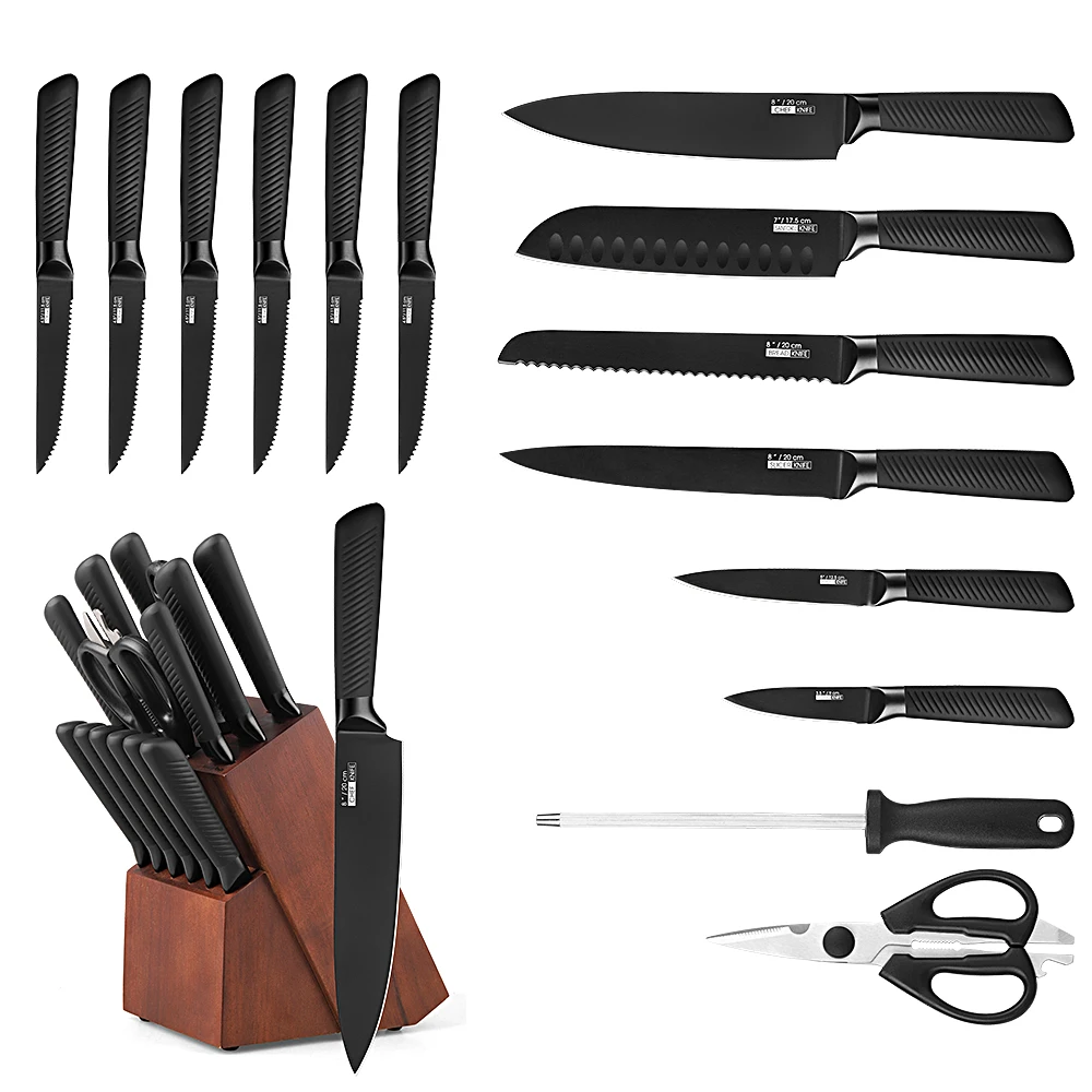14PCS Hollow handle knife set 8 inch Slicer knives black kitchen professional chef Steak knife with sharpener