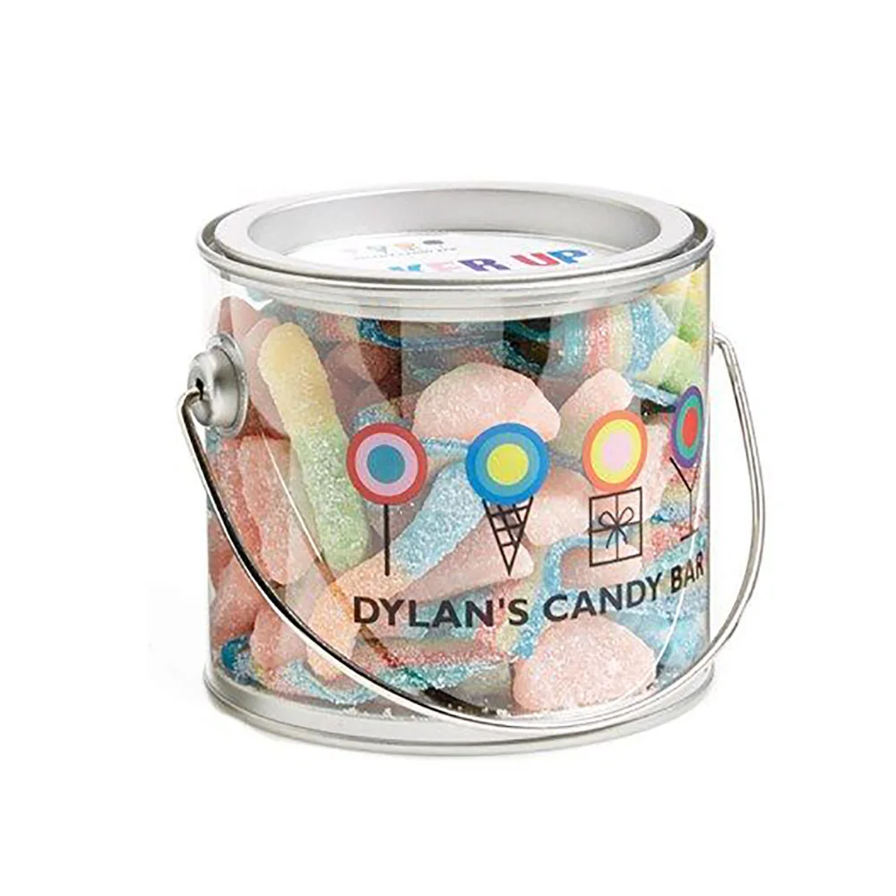 High quality round clear plastic cylinder clear paint can transparent tube tin jar for sweets candies with metal lid