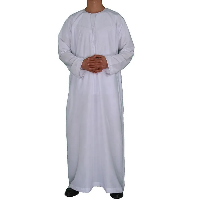 Custom Classic White Color Saudi Men Arab Button Up Long Gown Kaftan Traditional Ethnic Thobe with Pockets