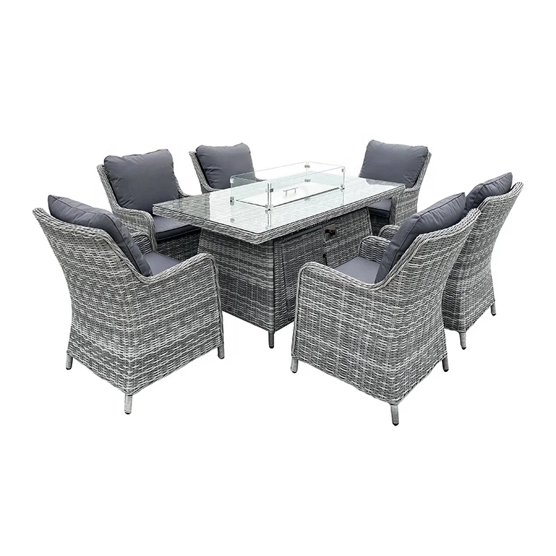 Luxury Wicker Rattan Patio Garden Furniture Outdoor 6 Seat Dining Set With Rectangular FirePit Table With Glass Top With Cushion