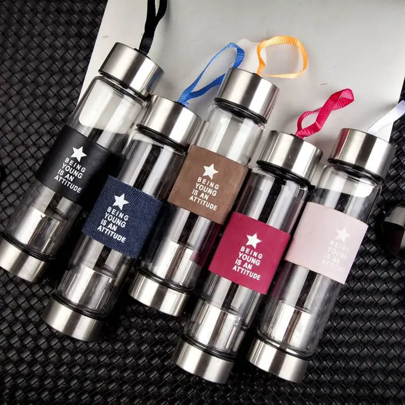 Подарочная чашка с логотипом на заказ, бутылка для воды с фильтром для чая, переносной Теплоизоляционный кожаный чехол, стеклянная бутылка для воды с ситечком для чая