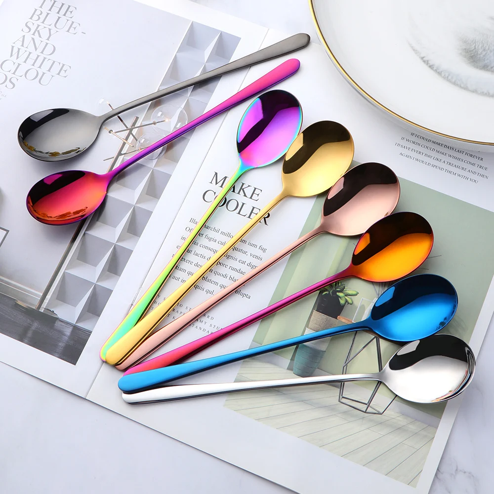 Wholesale Korean Style Titanium Stainless Steel Rice Gold Long Handle Round Soup Spoon