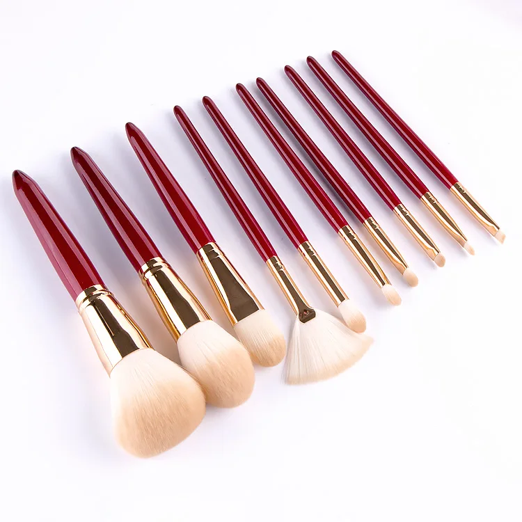 HZM Red Professional Makeup Brushes Set 10 PCS Private Label Custom Logo Luxury Glitter Makeup Brush Kit Travel Size with Bag