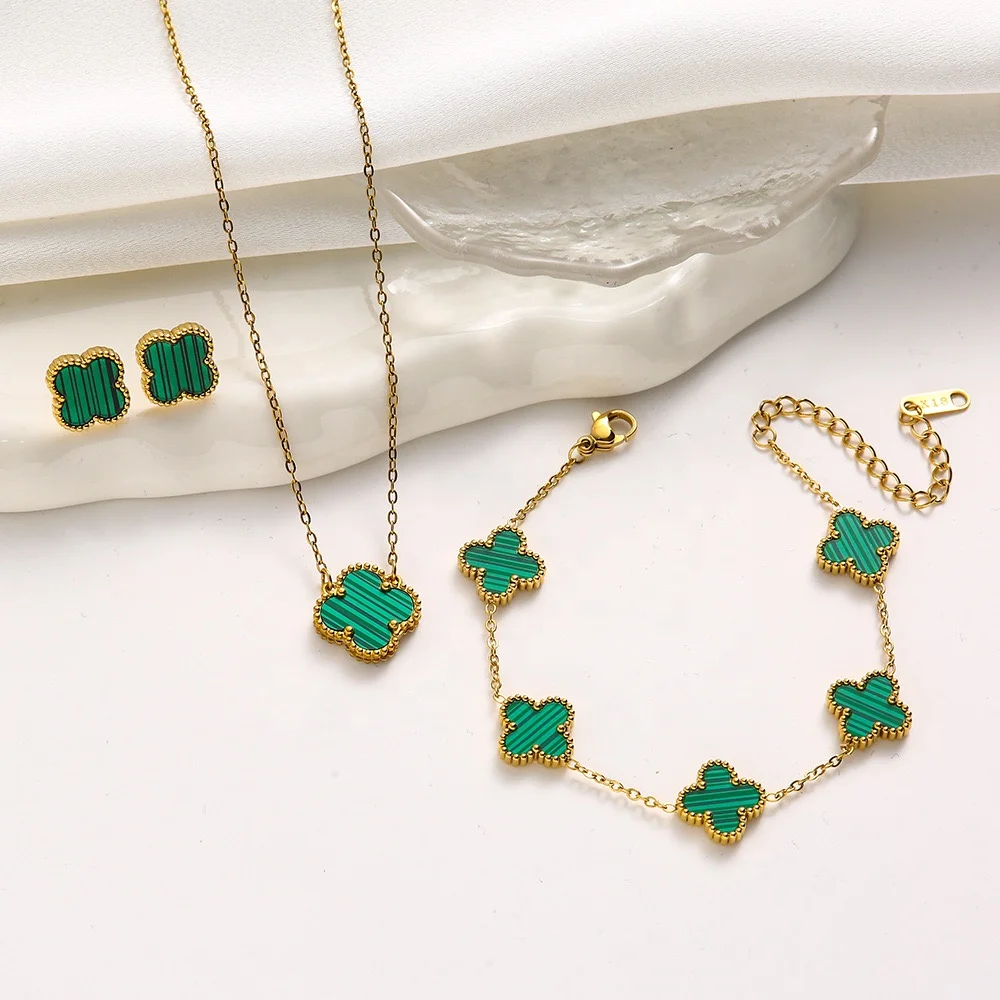 Dr. Jewelry 3Pcs Stainless Steel PVD 18K Gold Plated Waterproof Tarnish Free Zircon Four-leaf Clover Flower Jewelry Set for Her