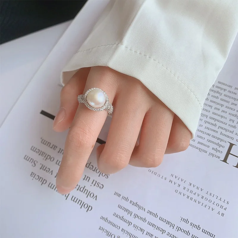 Kammy 9.5-10mm Custom Entanglement Zircon Gold Plated Luxury Dainty Natural Freshwater Pearl Wedding Engagement Rings For Women