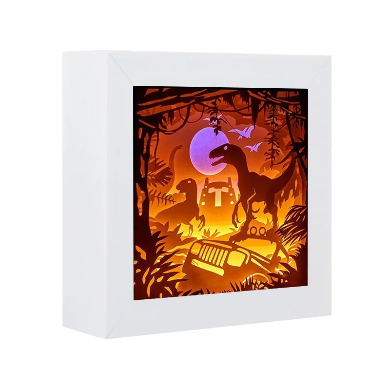 Creative DIY Paper Art Crafts Jurassic Park Dinosaur sculpture 3D Paper Cut Fairy Lights For Kids