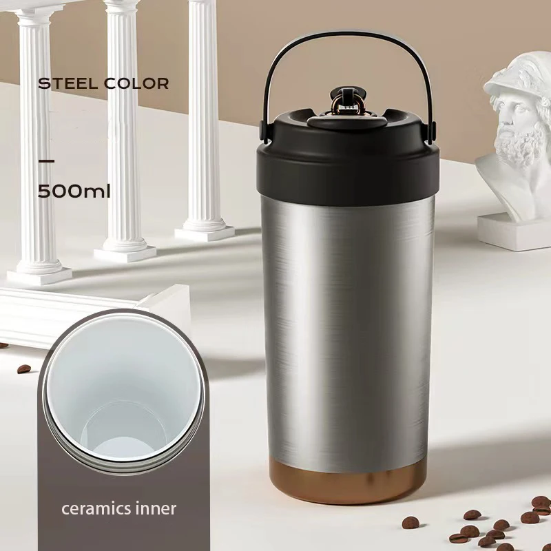 ECO-friendly  Fashion vacuum Insulated Stainless Steel travel coffee mug with logo handle ceramics inner