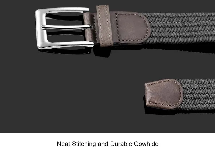 Unisex 34mm Wide Luxury Leisure Zinc Alloy Pin Buckle Wax Rope Stretch Woven Golf Belt Polyester Cotton Strap for Jeans Pants