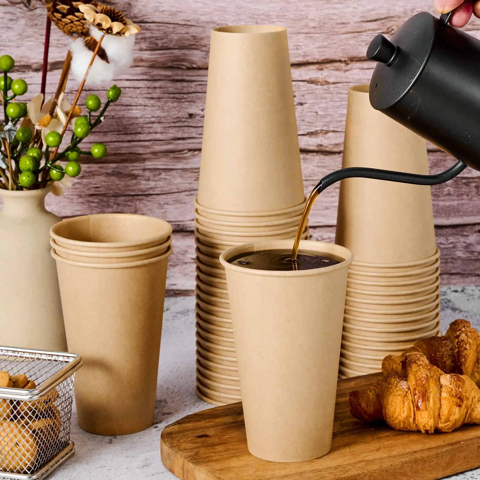 100/Box 16oz Thick Kraft Paper Crimping Design Sturdy And Waterproof Disposable Multifunctional Cold Drink Cup Coffee Cup