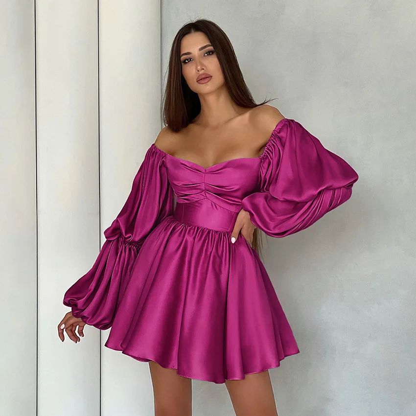 2023 summer dress Sweetheart Neck Frill Trim Dress  Puff sleeve satin Sexy Pink dress women elegant for valentines day gift