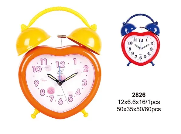 metal bell quartz desktop heart shape alarm clock for kid