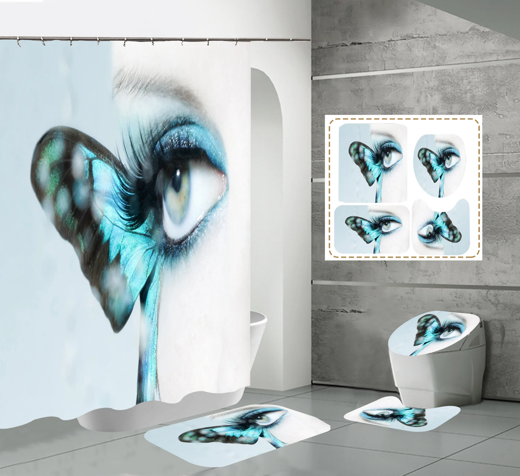 Customizable High Quality Eco-Friendly Polyester Modern 4pcs Waterproof 3D Printed Butterfly Shower Curtain Set Bathroom Curtain
