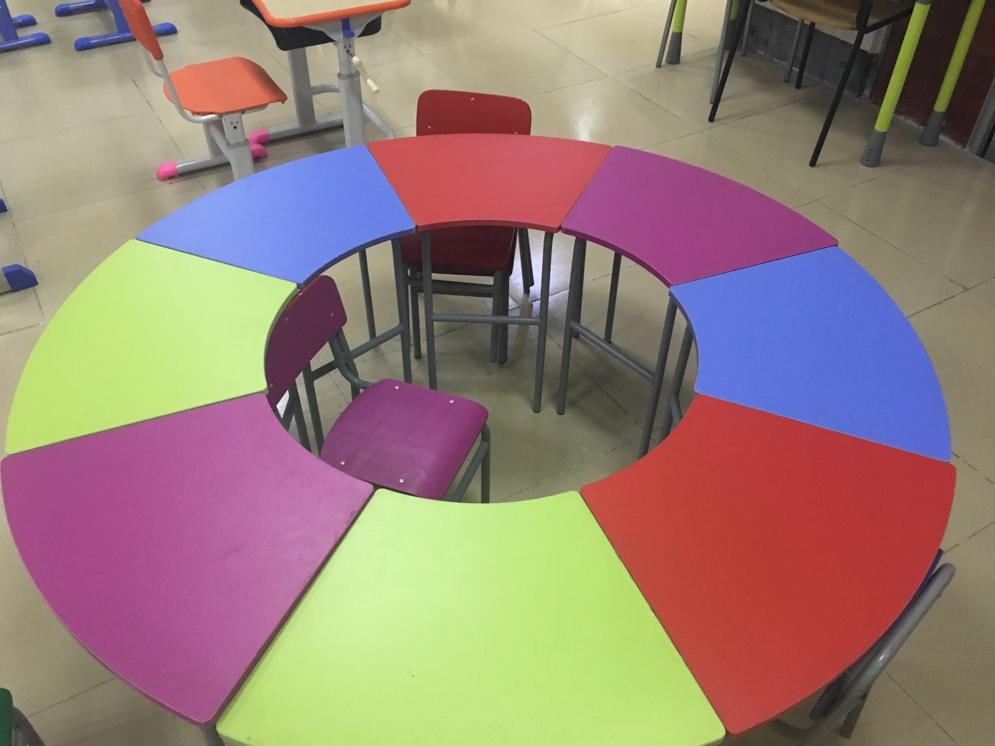 Colorful wood trapezoid splicing polygon table nursery school furniture for kindergarten/pre school furniture SF-35C