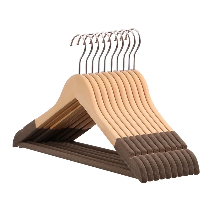 Hotel Clothes Rack Anti Slip Velvet Wood Hangers Manufacturer Clothes Store Half Flocking Wooden Clothes Hangers
