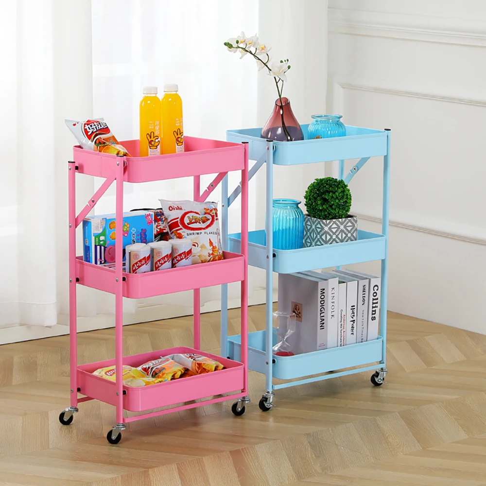 Hot sell 3-Tier Foldable Metal Storage Organizer Heavy Duty Free Standing Utility Cart with Locking Wheels