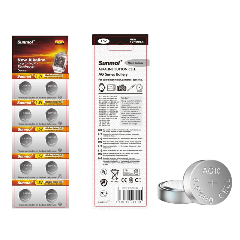 Sunmol LR1130 AG10 батарея 1,5 V Щелочная кнопка для часов игрушки