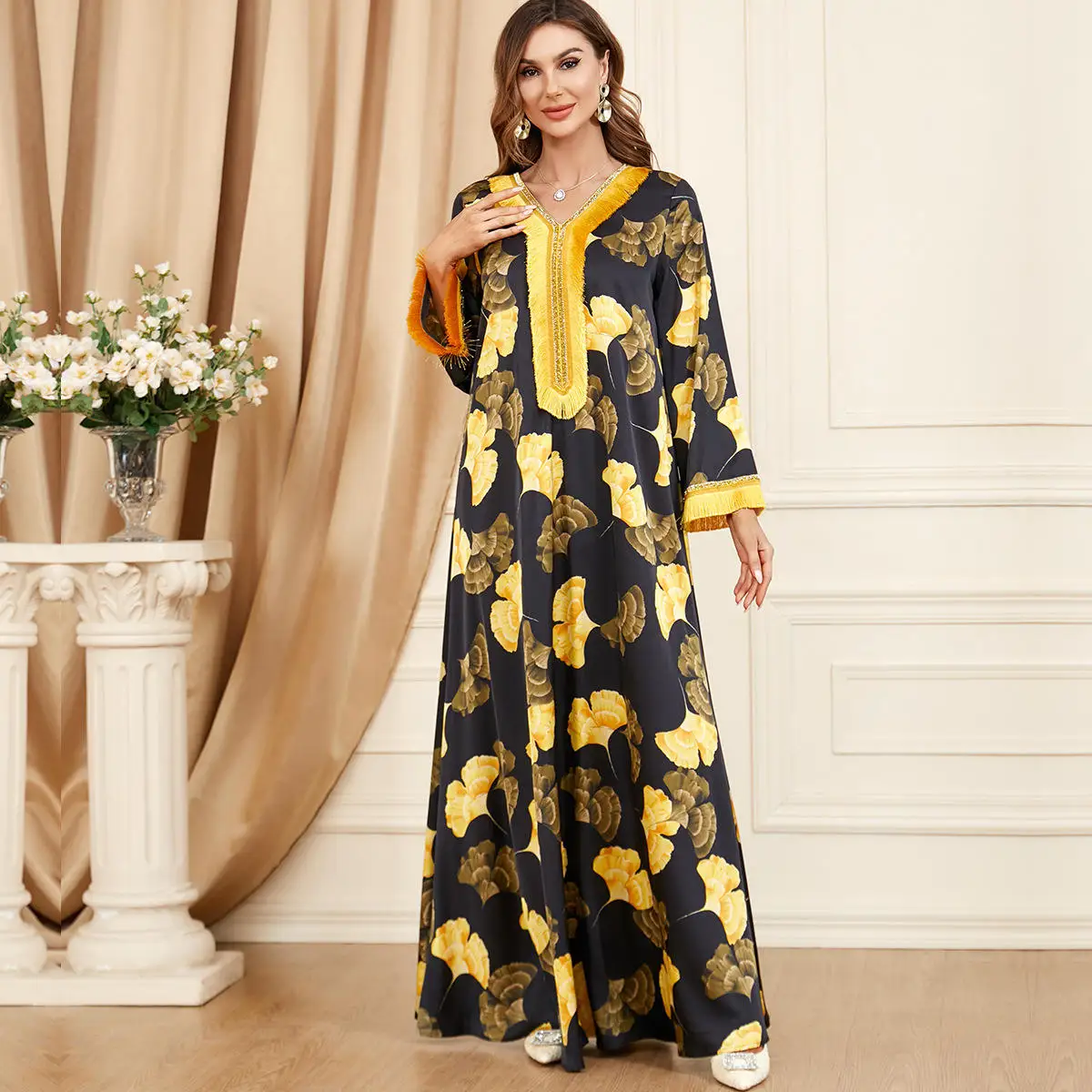 Turkey Middle East Arabian Floral Dress Velvet Band Printed Maxi Abaya Dresses Women Muslim Kaftan